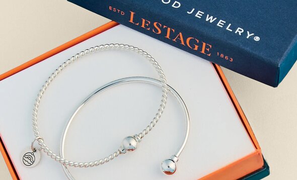 Two silver Cape Cod–style bracelets displayed in a gift box that reads LeStage.