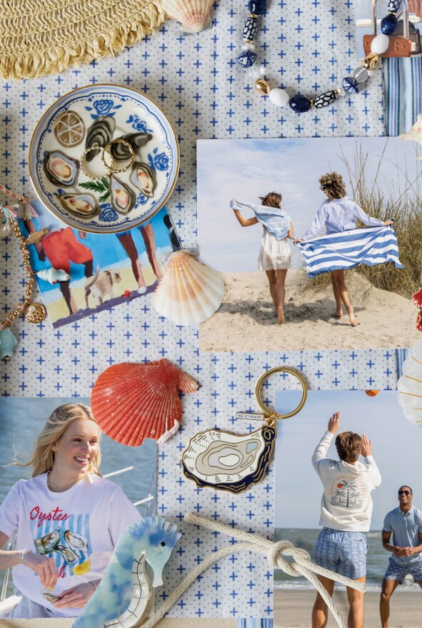 Flat lay collage with a coastal beach theme, featuring printed photos of friends by the ocean, seashells, a red scallop shell, oyster-pattern jewelry, a rope keychain, striped fabric, woven sandals with gold buckles, a straw bag, a blue beaded bracelet, and a beige journal titled “The Five-Minute Journal” arranged on a blue-and-white patterned background.