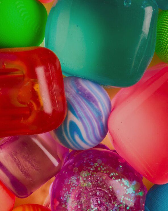 Close up of various squishy toys