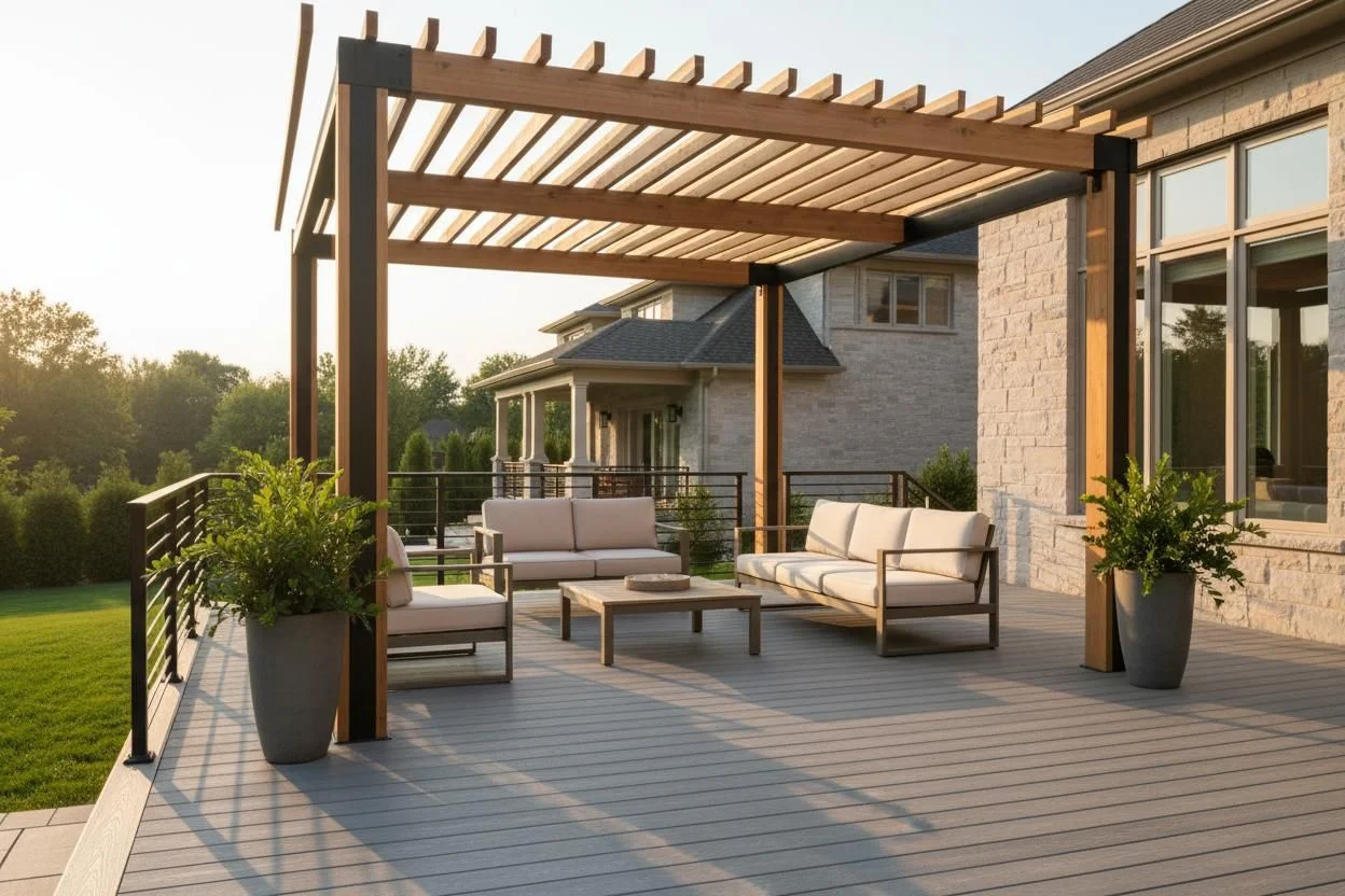 Backyard deck with a wooden pergola and patio furniture