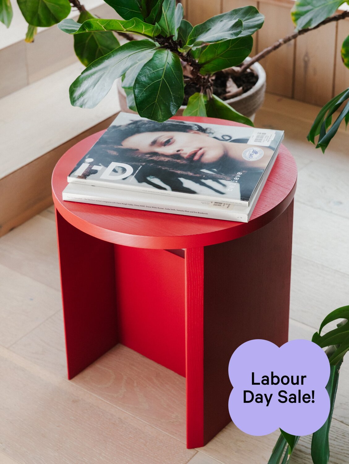 Red stool with purple sale sticker overlay.