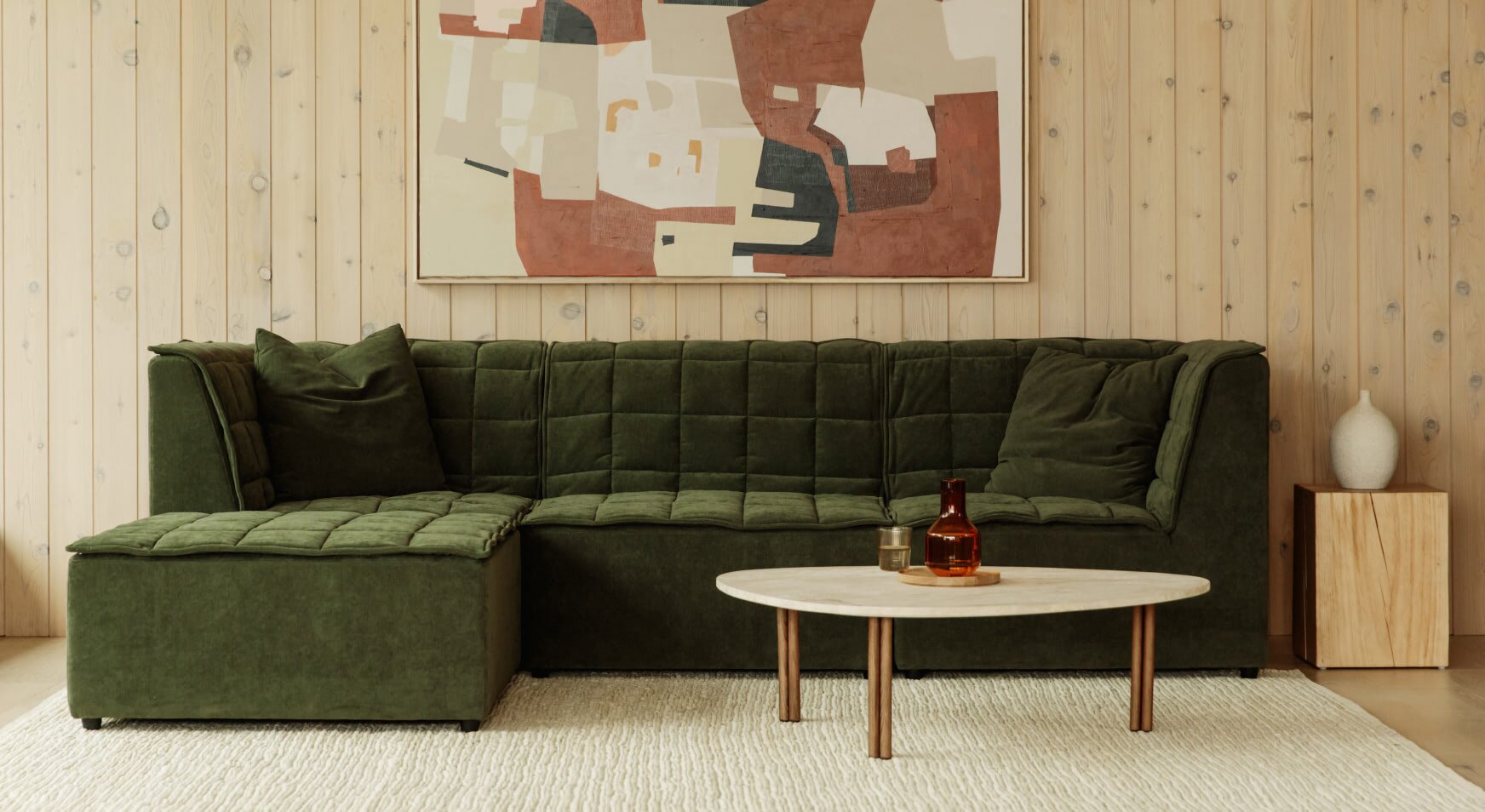 A clean, modern, modular sofa with a box-stitched twist.