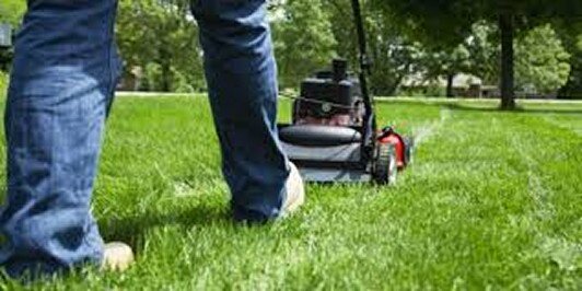 Worker mowing lawn