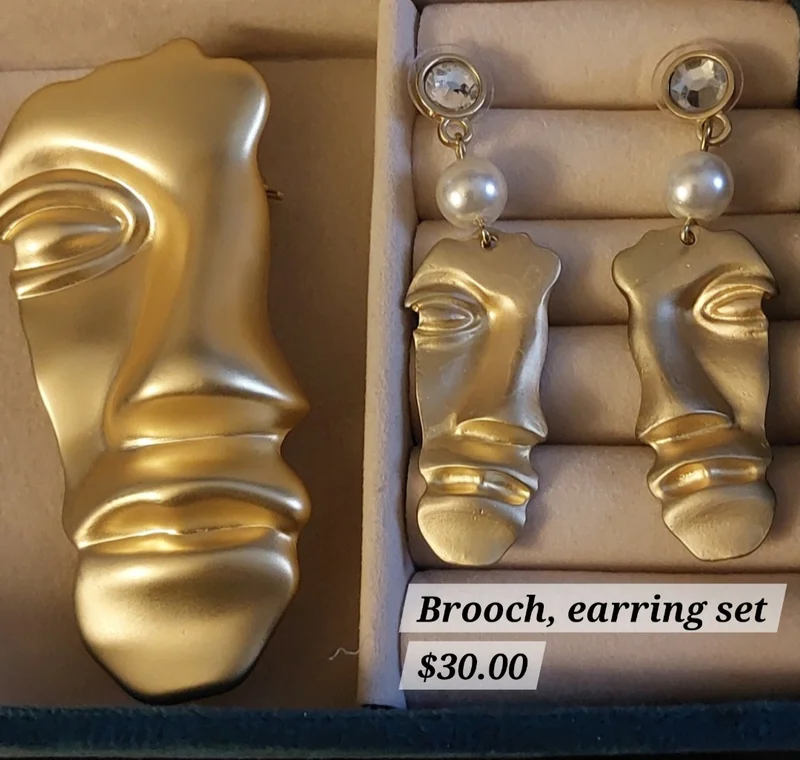 Golden Face Brooch & Earring Set