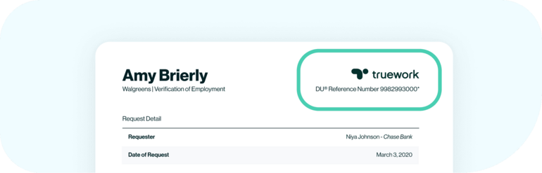 Truework income verification report with a DU reference number.