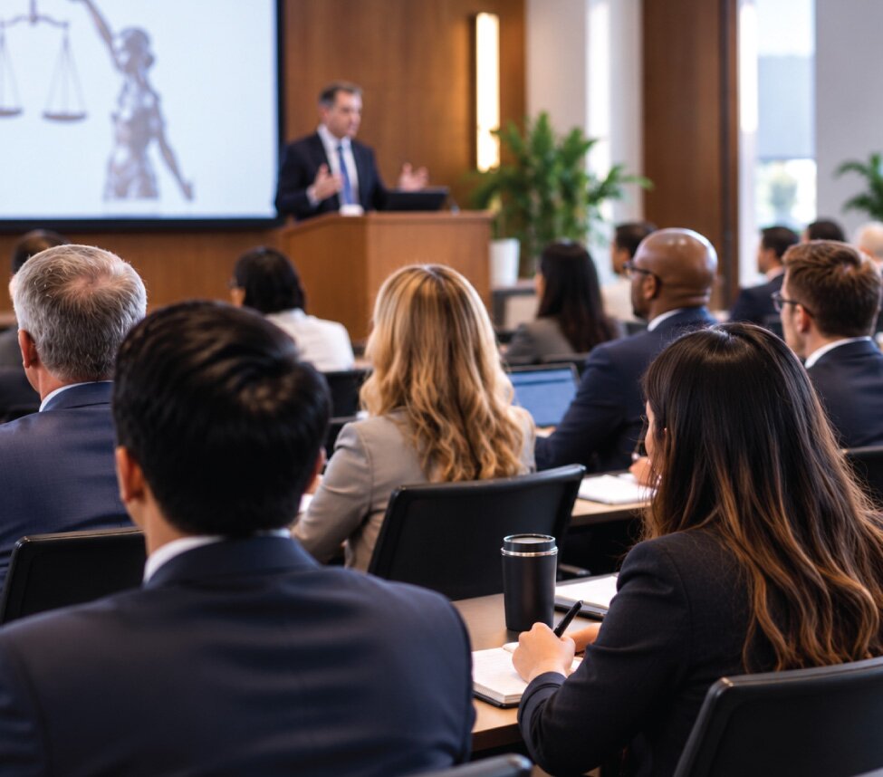 Professionally-attired attendees of a presentation on issues of law