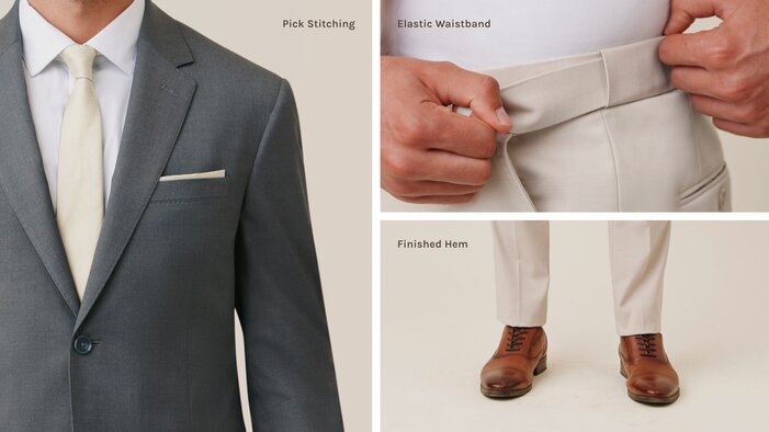 Collage of details featured on Birdy Grey suits