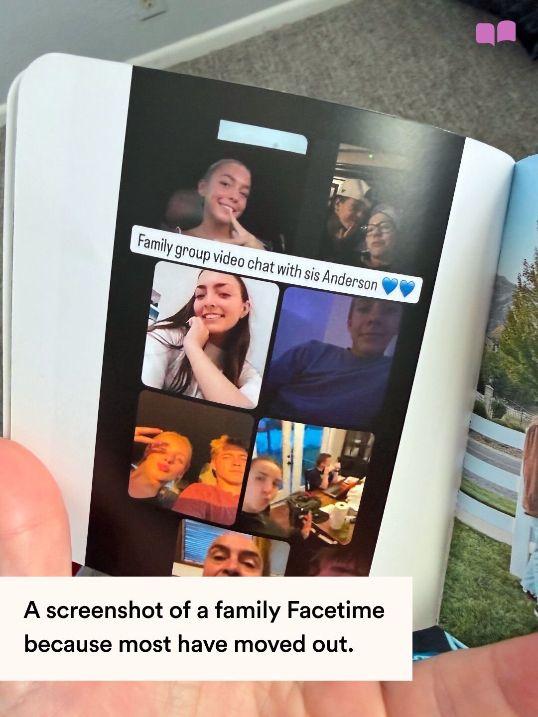 A Monthly Mini photo book page showing a family group FaceTime screenshot, with text about family members who have moved out