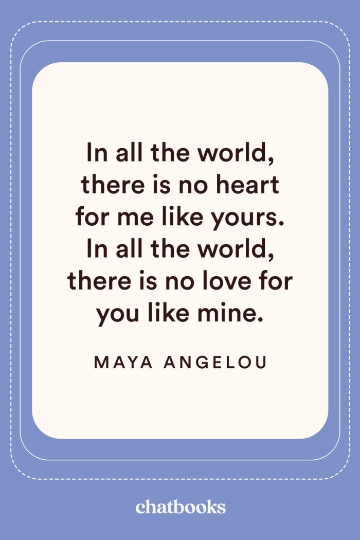 Anniversary quote for girlfriend: "In all the world, there is no heart for me like yours. In all the world, there is no love for you like mine." - Maya Angelou