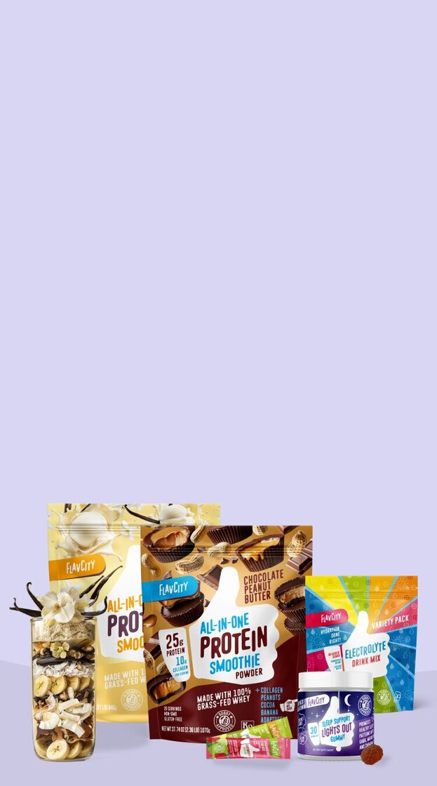 An assortment of Flav City products on a purple background with chocolate protein mix spilt out