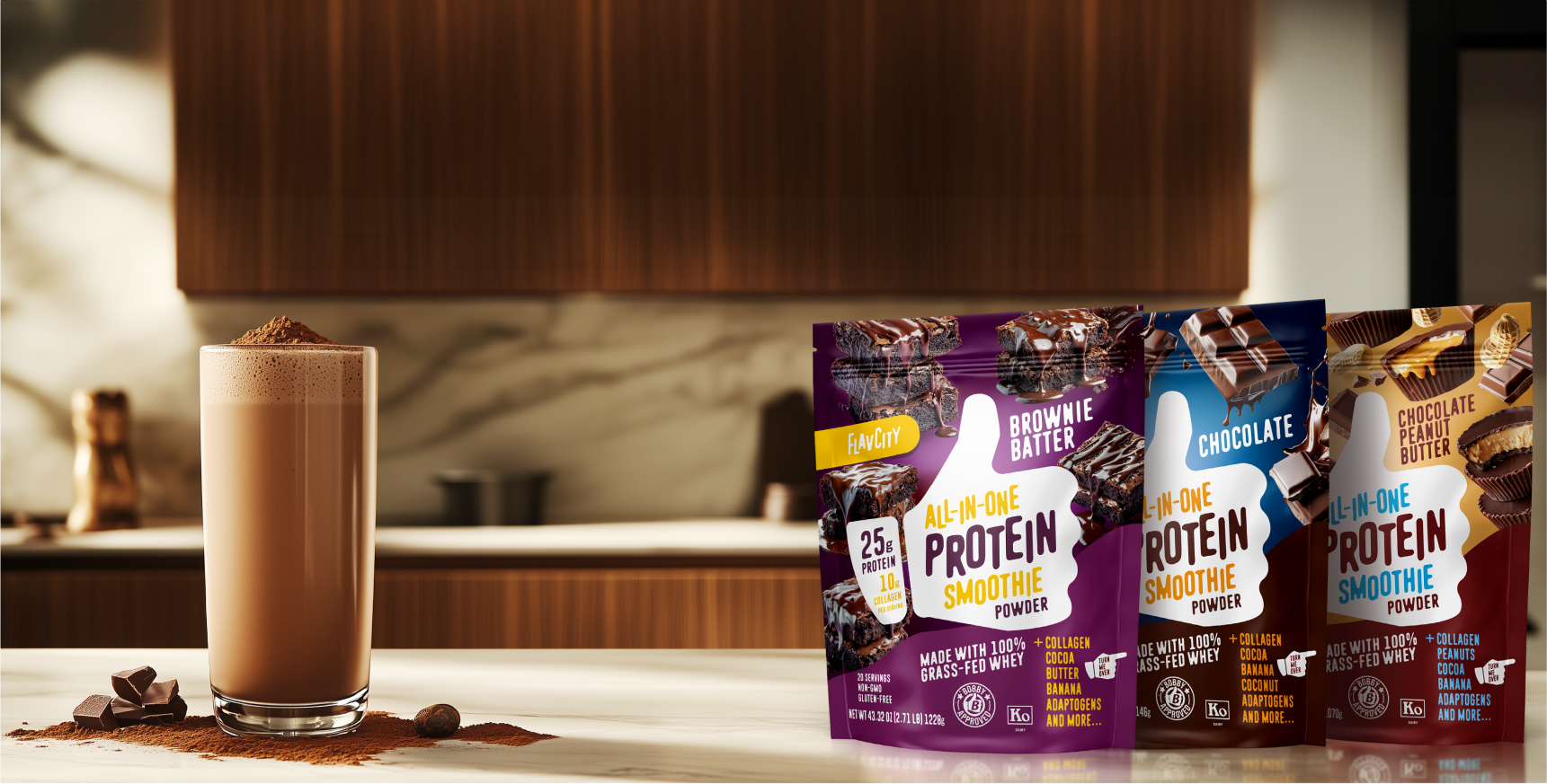 An assortment of Flav City products on a purple background with chocolate protein mix spilt out