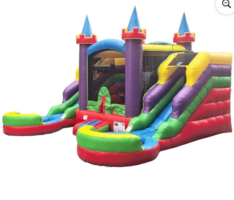 Colorful castle bounce house with slides