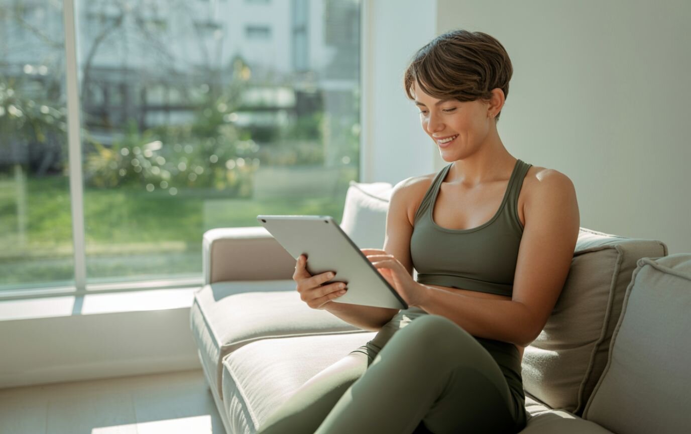 Woman smiling while applying LyfeFuel discount code on tablet to save on her wellness purchase