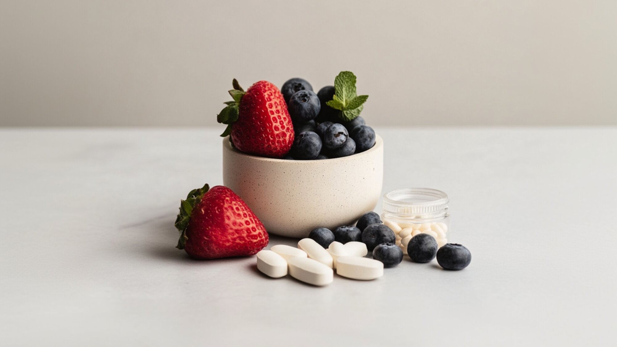 A bowl of blueberries and strawberries with mint, alongside prebiotics and probiotics on a light surface.