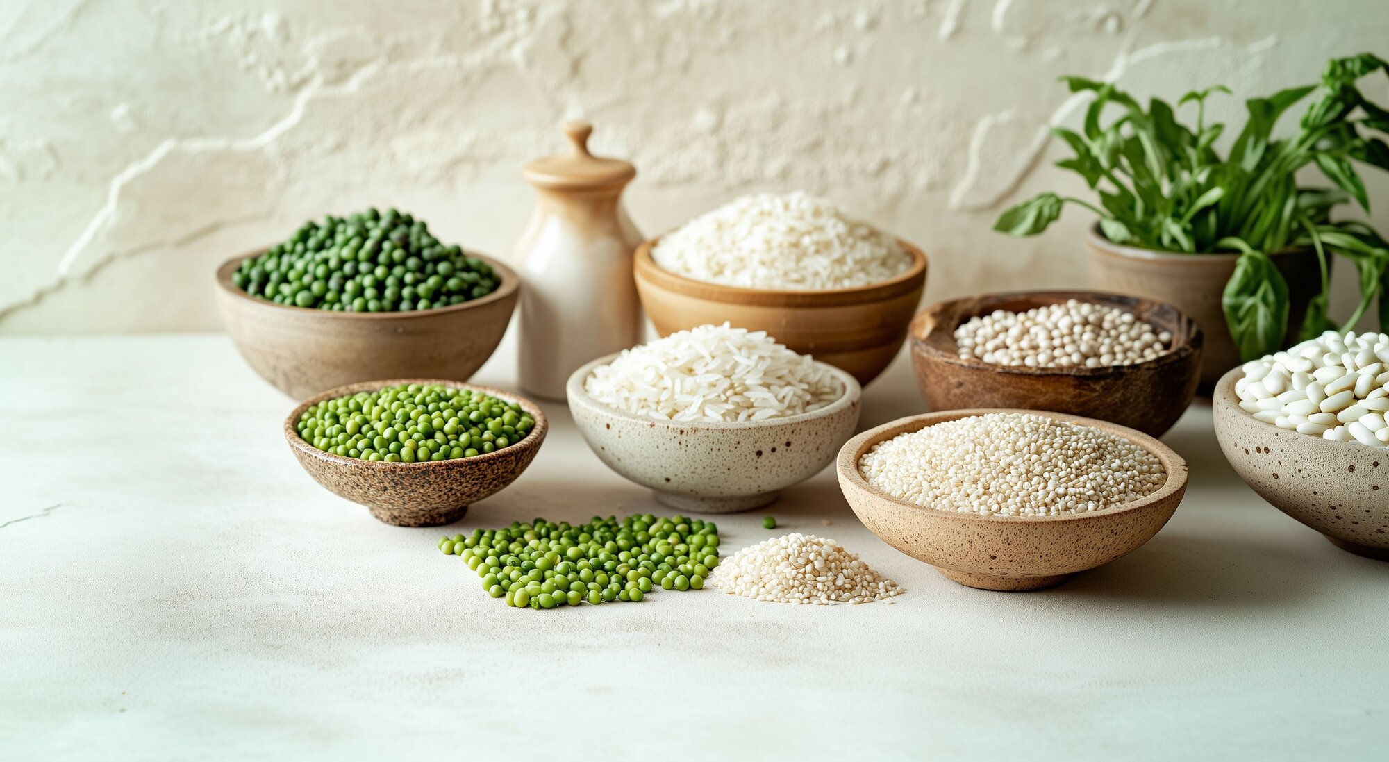 Assorted plant-based proteins like peas, rice, and beans, showcasing the benefits of plant-based protein for a healthy diet.