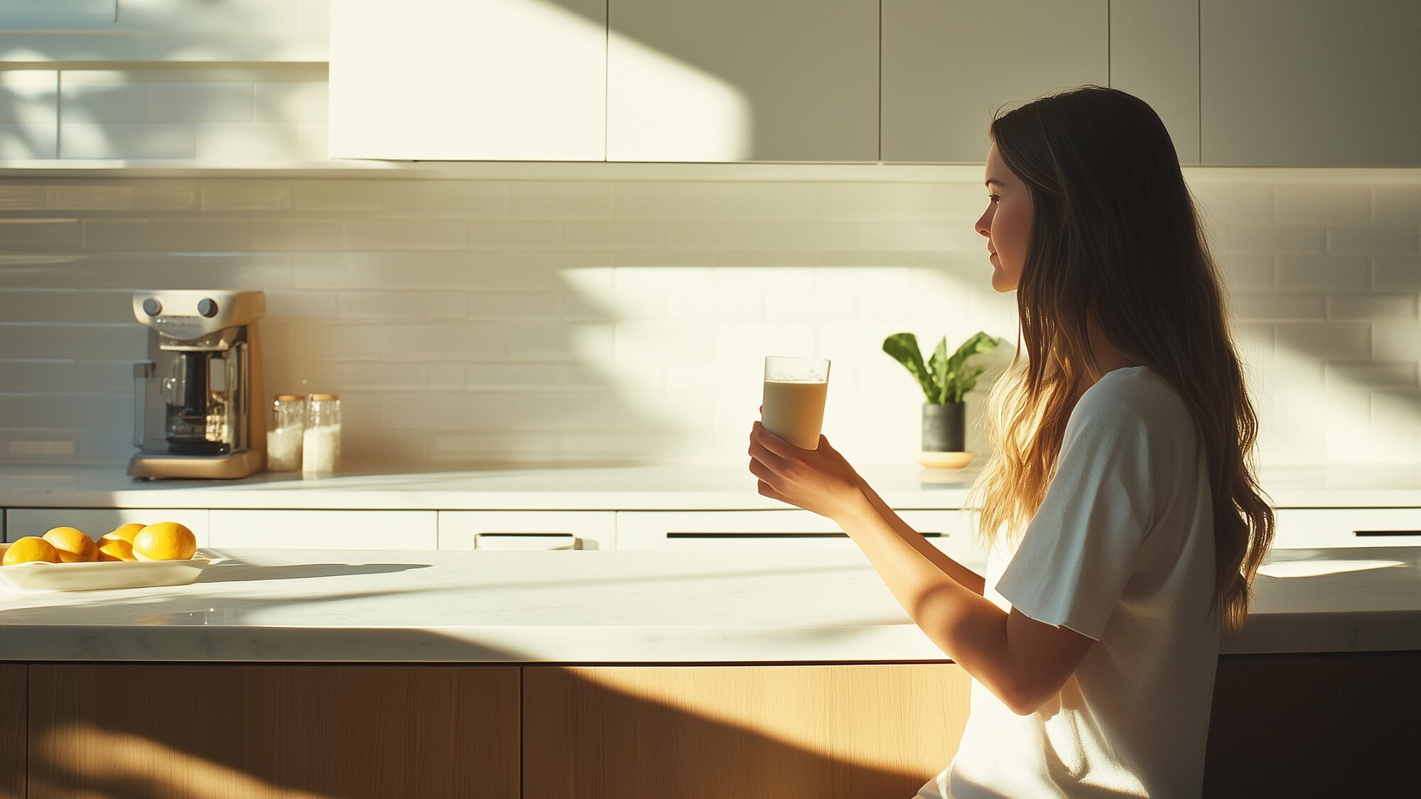 A woman enjoying a nutritious shake, addressing the question 'are meal replacement shakes healthy'