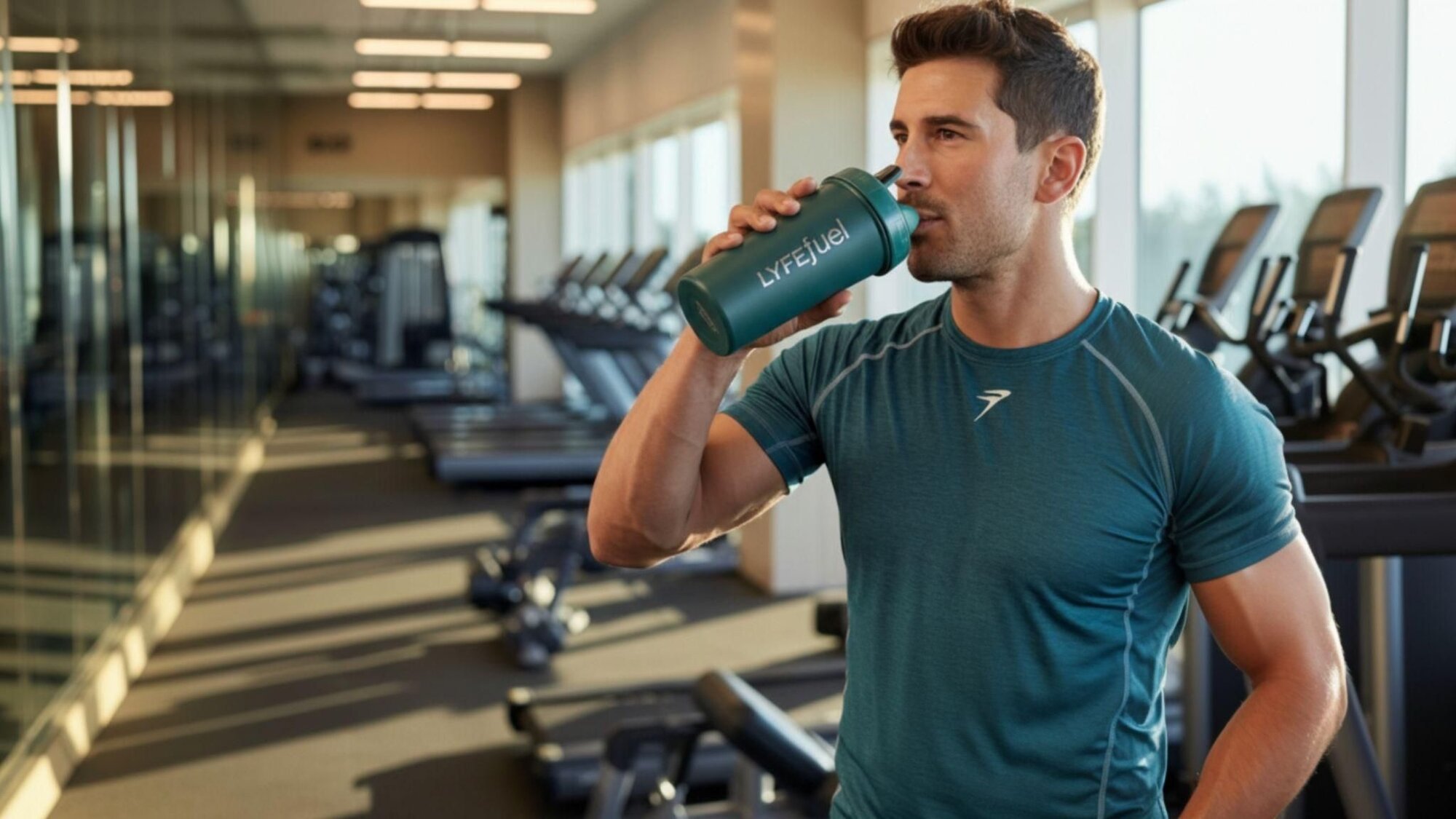 Man drinking a LyfeFuel recovery shake at the gym after workout to support muscle recovery and improve performance.