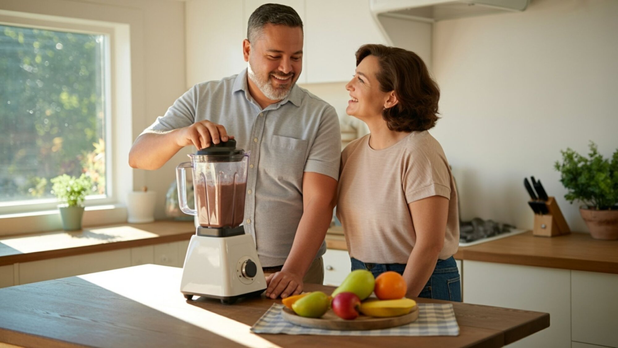 Couple preparing a smoothie with meal replacement shake ingredients in the kitchen, a healthy step in using meal replacement shakes for weight loss.