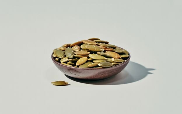 Bowl of pumpkin seeds, a protein-rich, plant-based snack has low calories ideal for healthy snacking