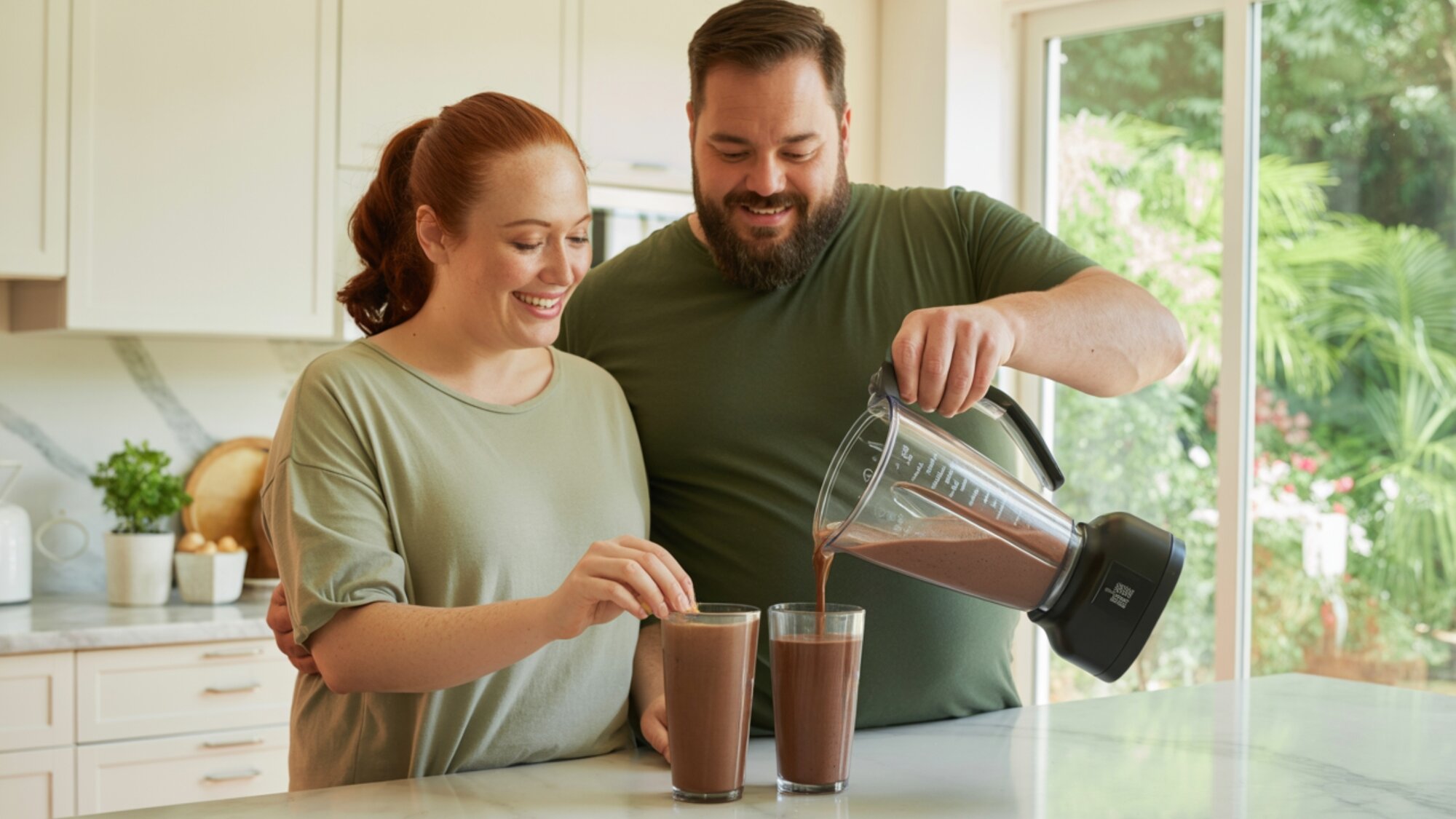 Happy couple preparing nutritious meal replacement shakes at home as part of a weight loss routine