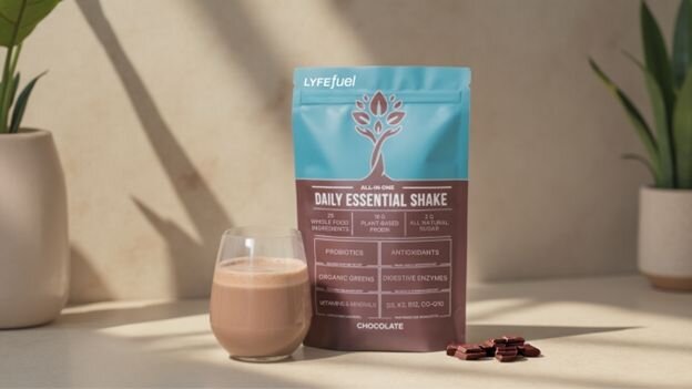 LyfeFuel Essentials Shake in chocolate flavor a nutrient-dense, plant-based protein shake has low calories and packed with whole food ingredients