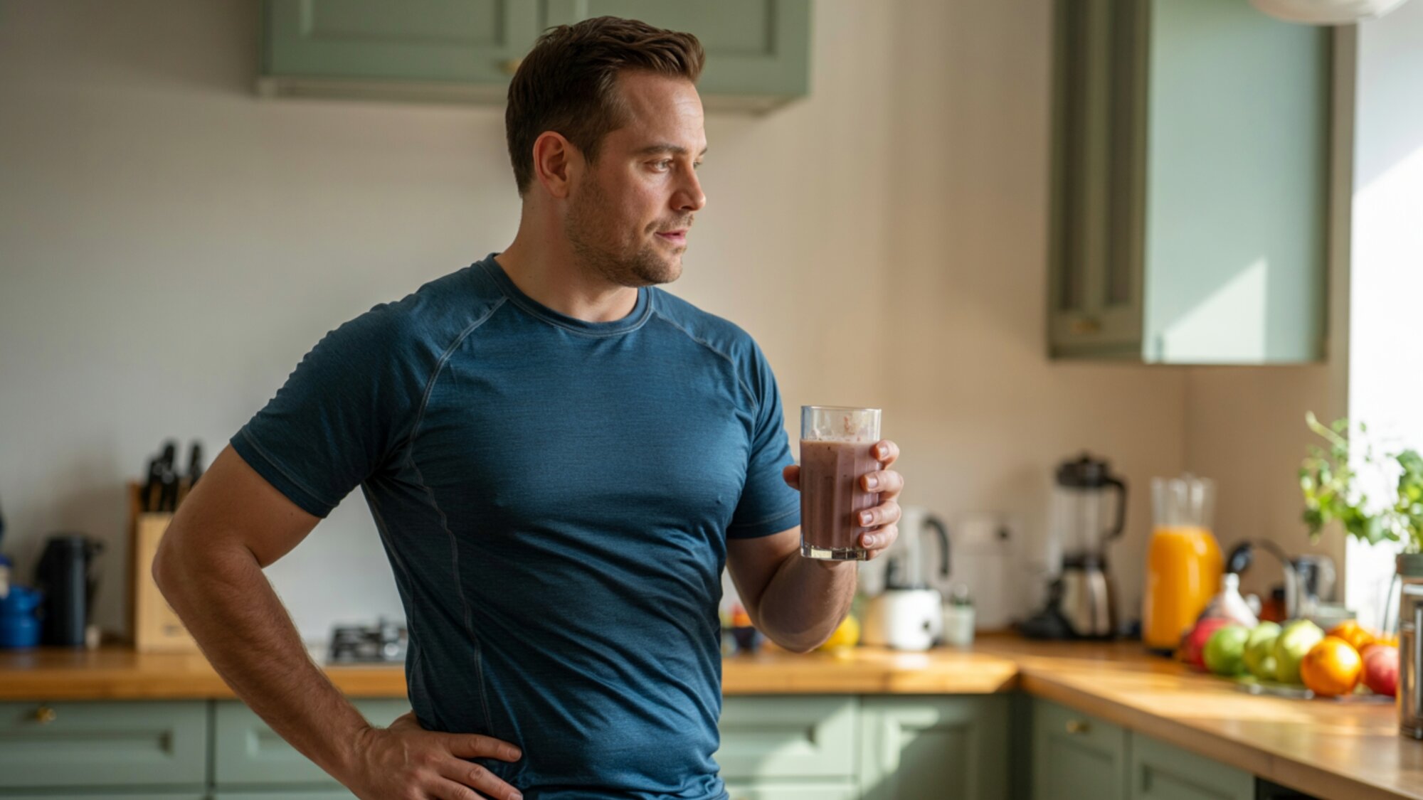 Man in athletic wear holding a protein shake in the kitchen after workout, focused on losing body fat without losing muscle