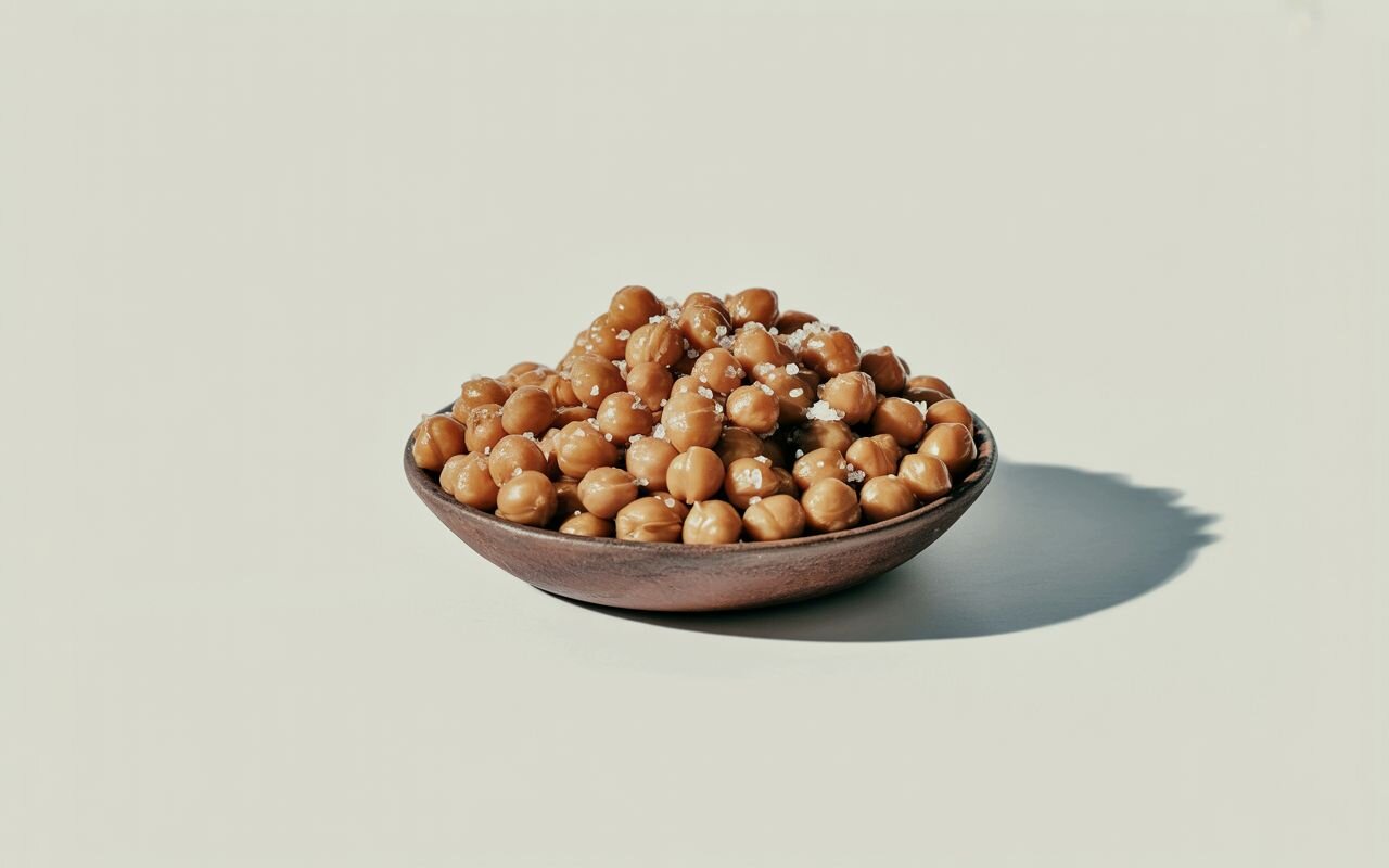 Bowl of roasted chickpeas sprinkled with sea salt, a crunchy, high-protein snack under 100 calories for plant-based nutrition