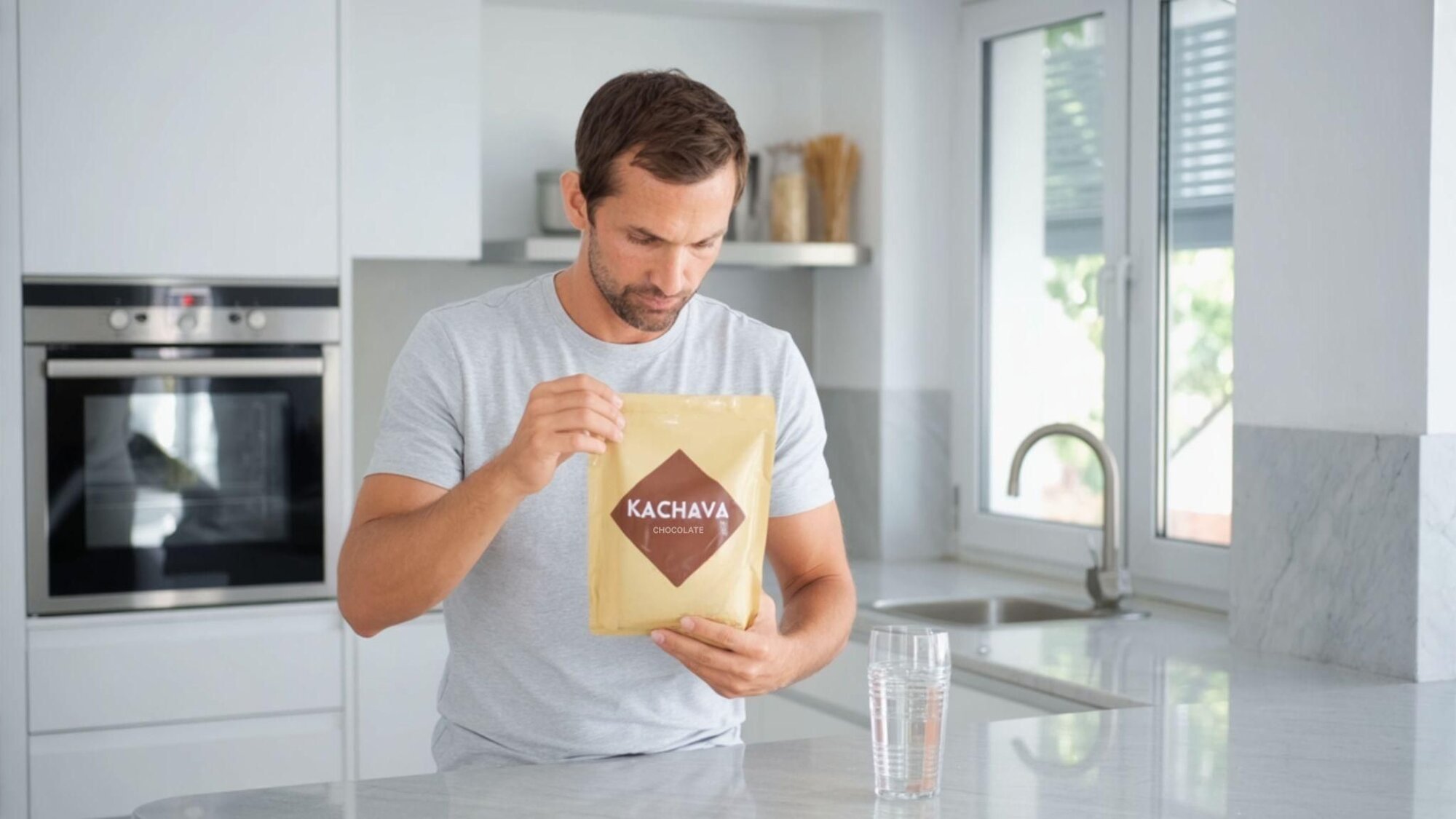 Chris holding a Ka’Chava chocolate meal replacement shake pouch in a modern kitchen, exploring Ka’Chava alternatives for daily nutrition