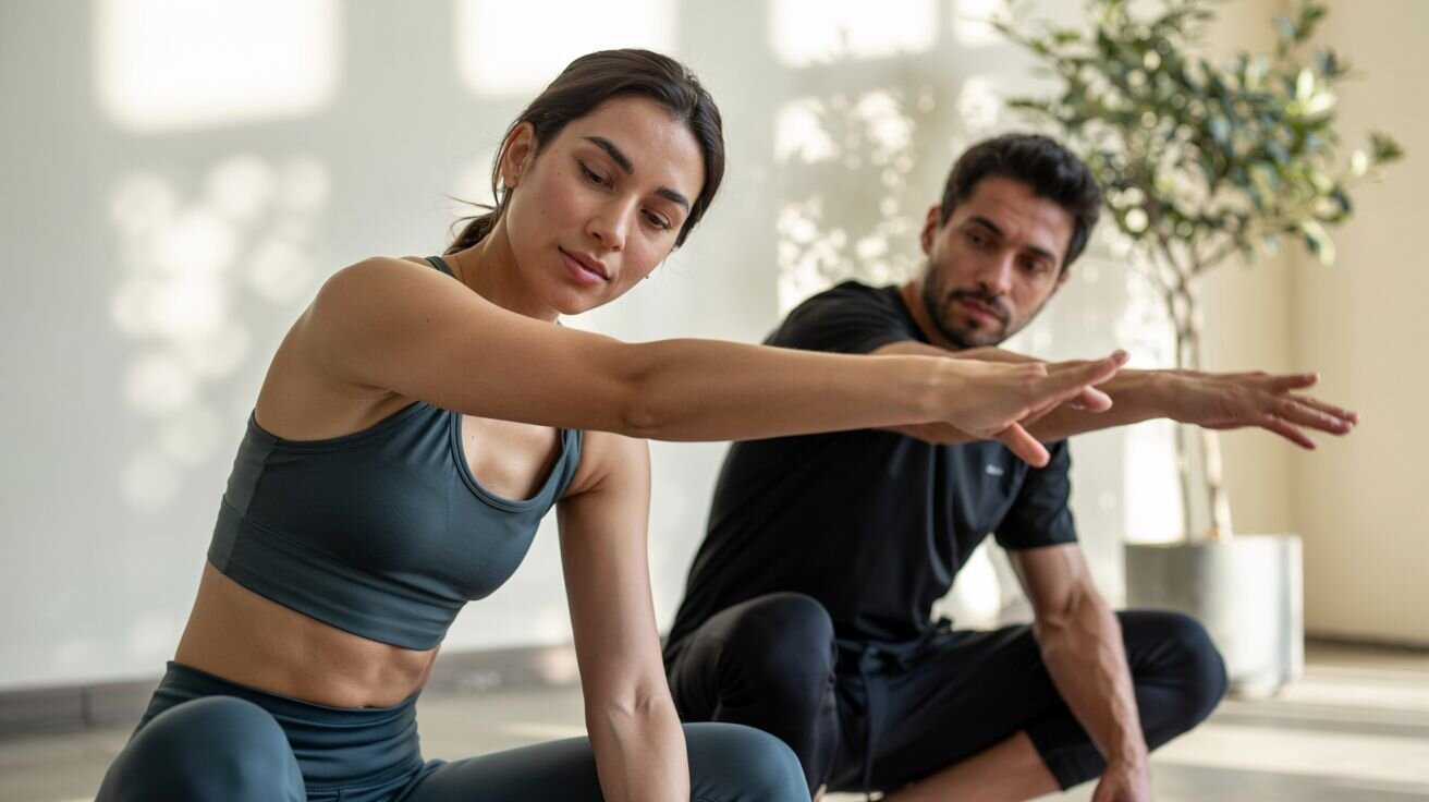 Man and woman practicing stretching as part of healthy habits for daily life.