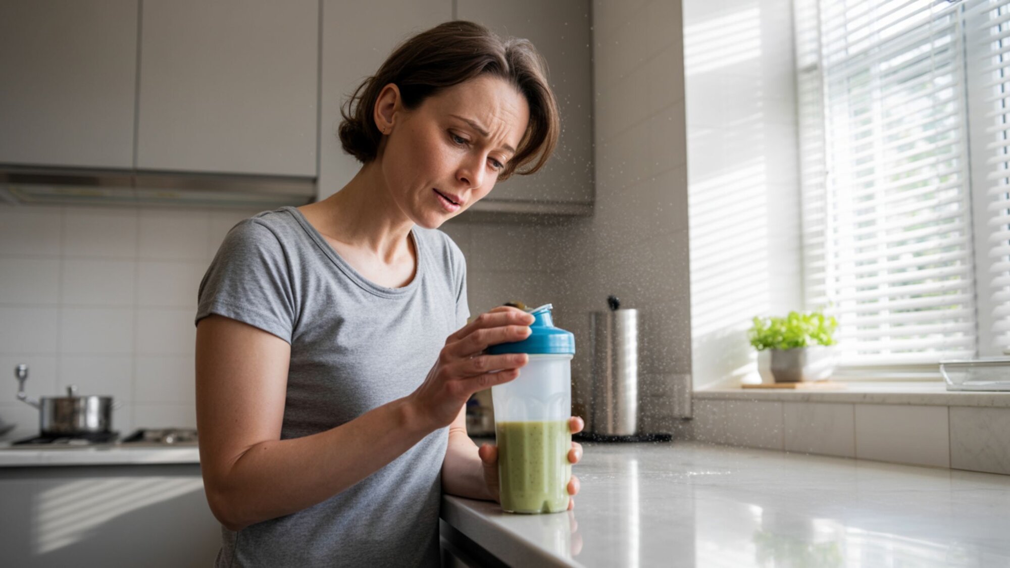 Woman looking concerned at green protein shake in kitchen, illustrating why protein shakes make me nauseous.