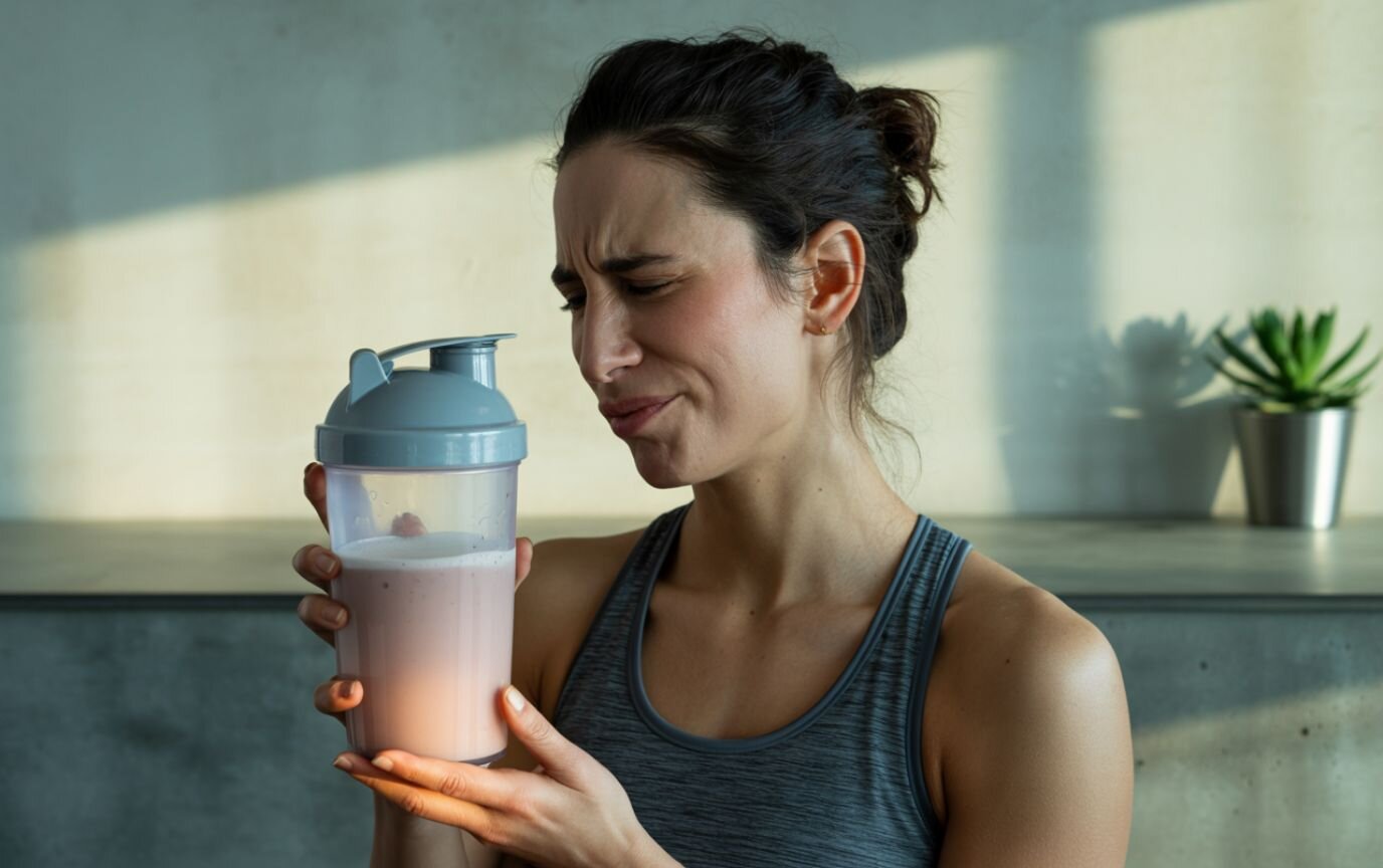 Woman inspecting protein shake, trying to figure out if it's causing her protein bloating symptoms.