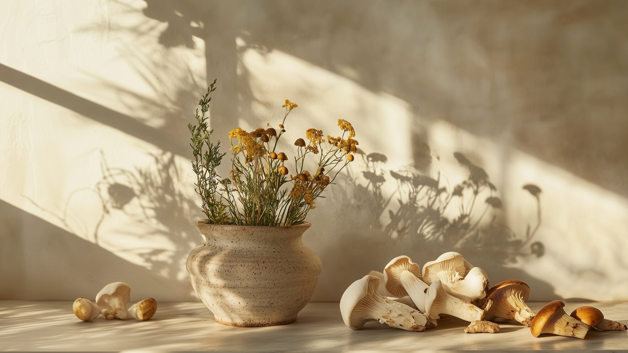 Herbs and mushrooms on a table, highlighting natural sources to explain 'what are adaptogens'