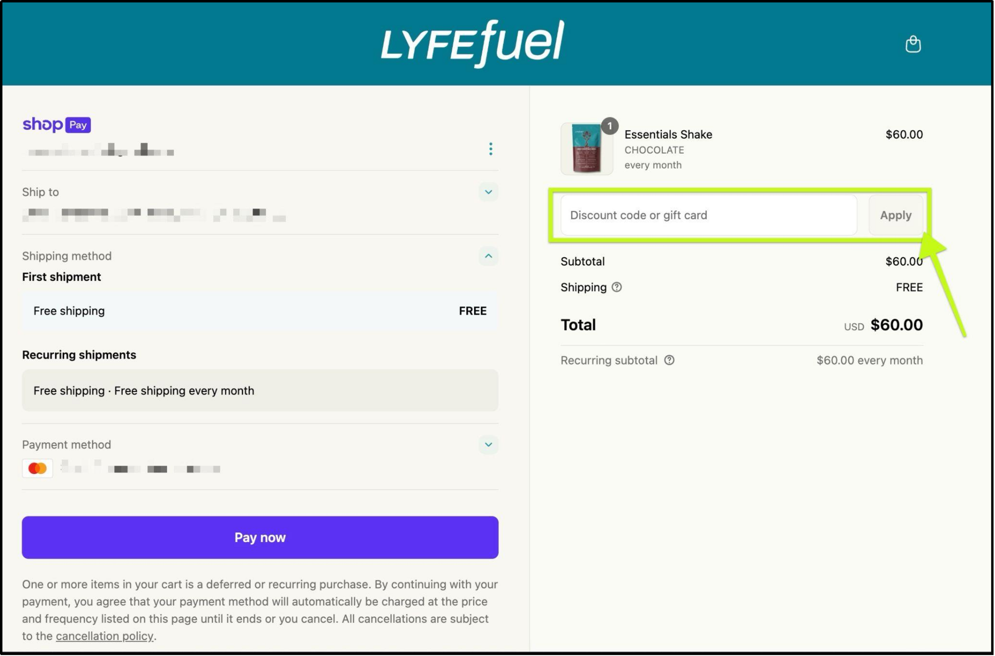 Checkout page showing where to enter a LyfeFuel discount code to apply savings before purchase.