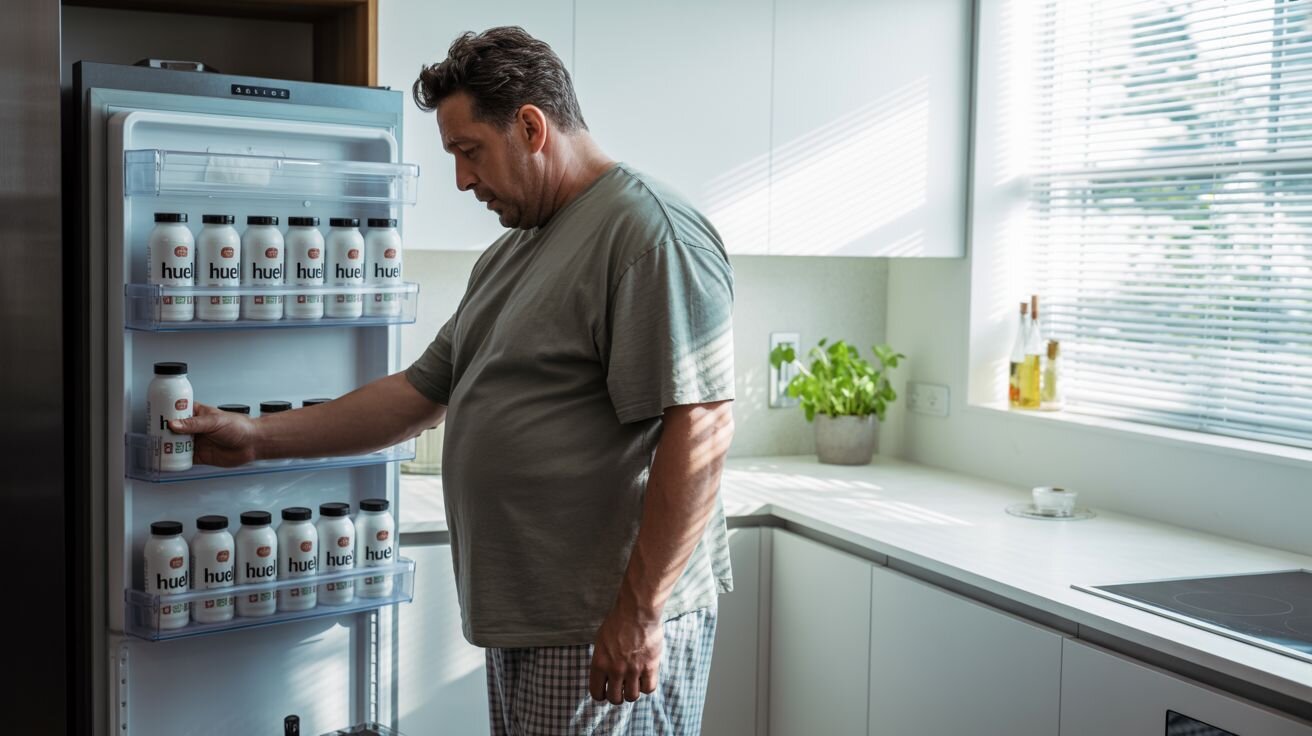 Man holding Rootana shake packet in kitchen, comparing nutrition for the best Rootana alternative daily shake.