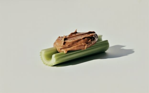Celery stalk topped with almond butter a high-protein, low-calorie snack option for healthy and satisfying nutrition