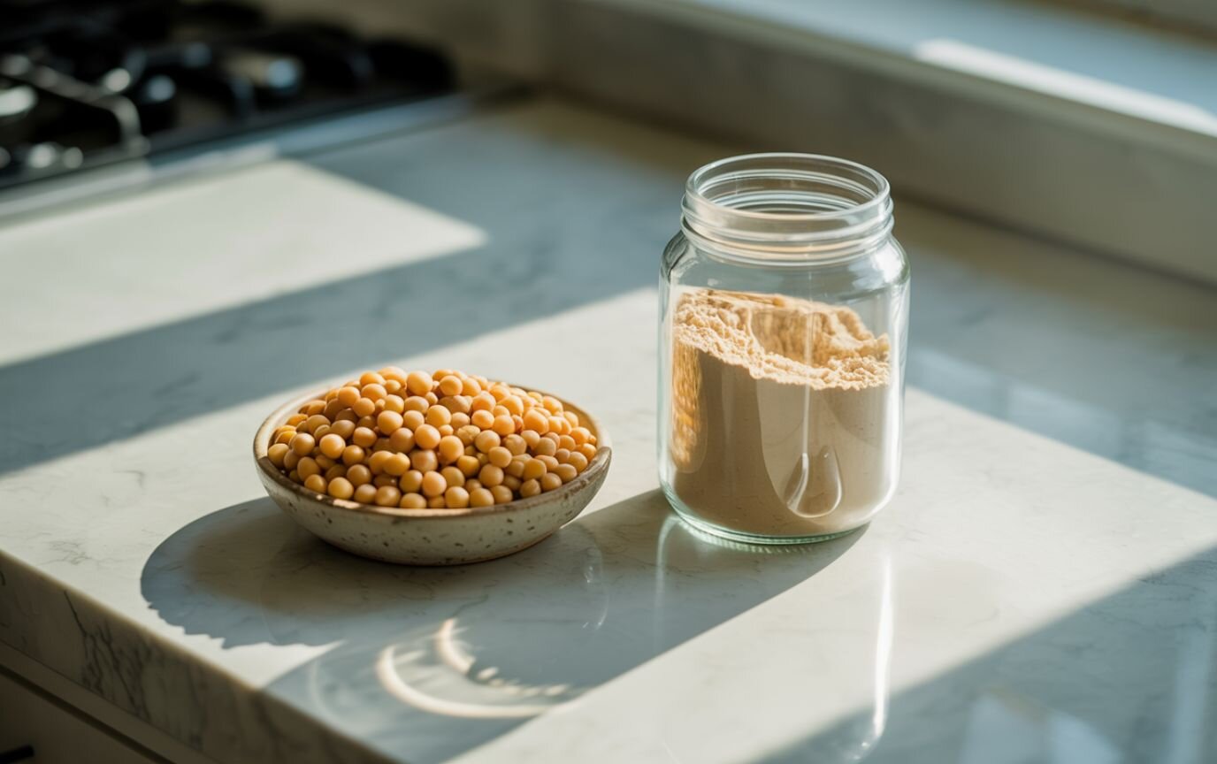 Glass jar of pea protein powder next to bowl of yellow split peas on kitchen counter.