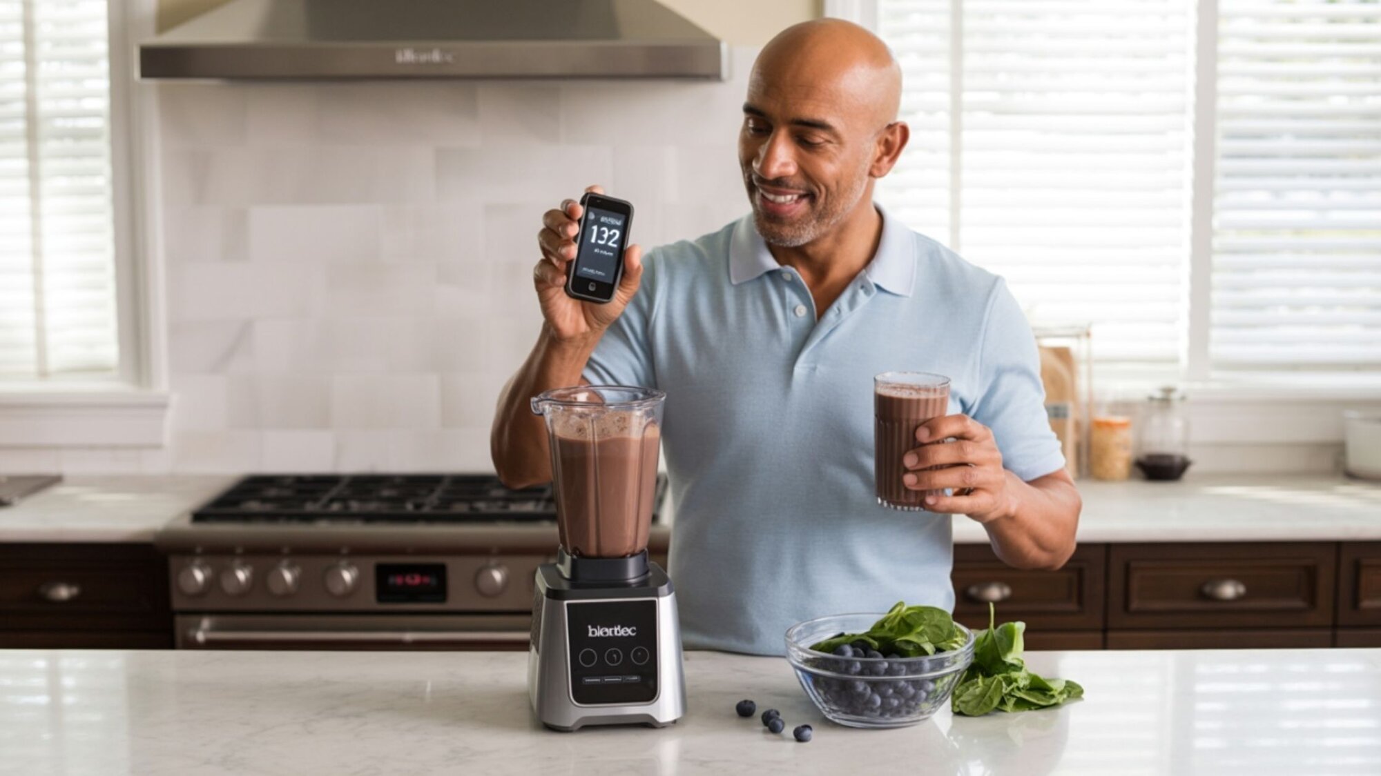 Man holding a glass of chocolate shake and checking blender settings – exploring if meal replacement shakes are good for diabetics.