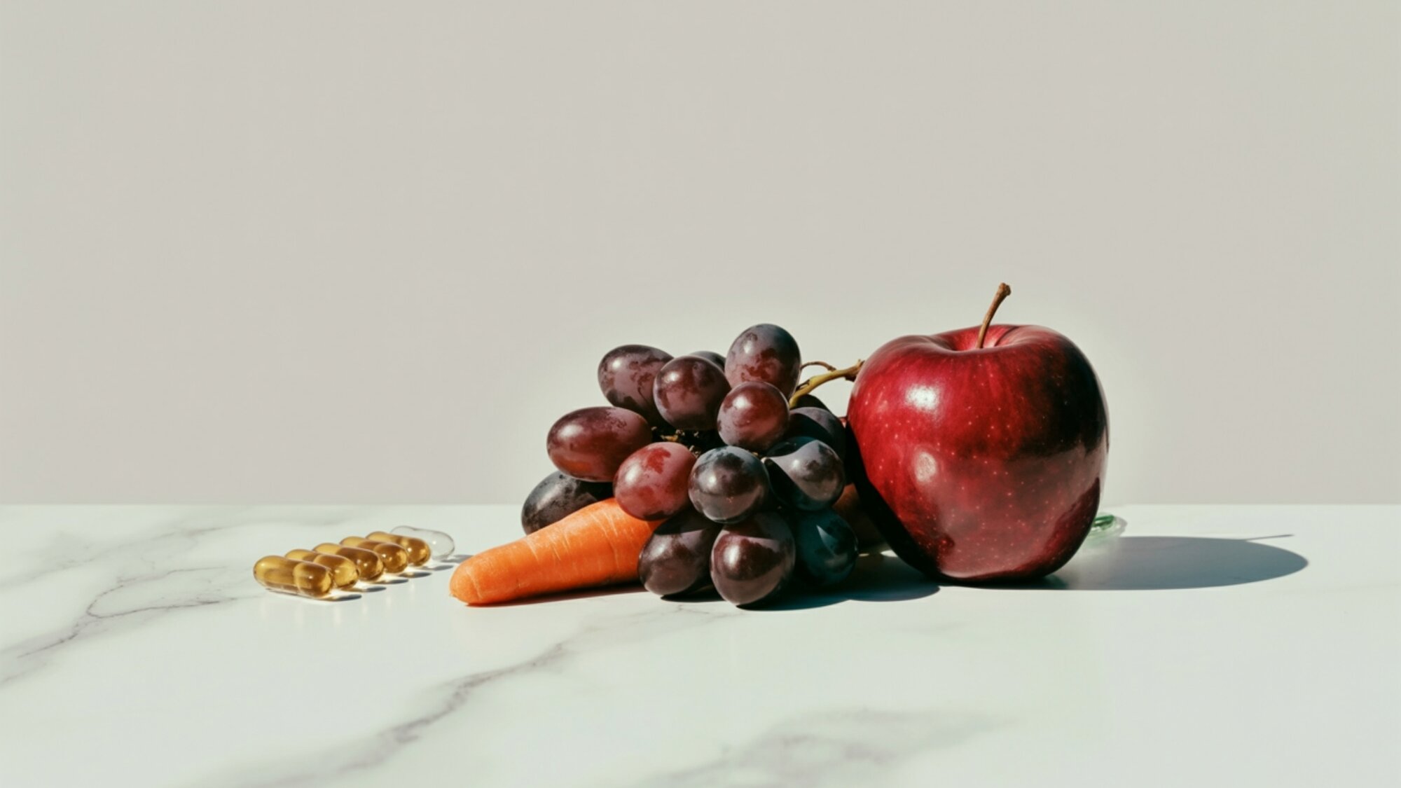 Whole food vitamins from fruits and vegetables vs. synthetic supplements in capsule form, comparing the healthier choice.