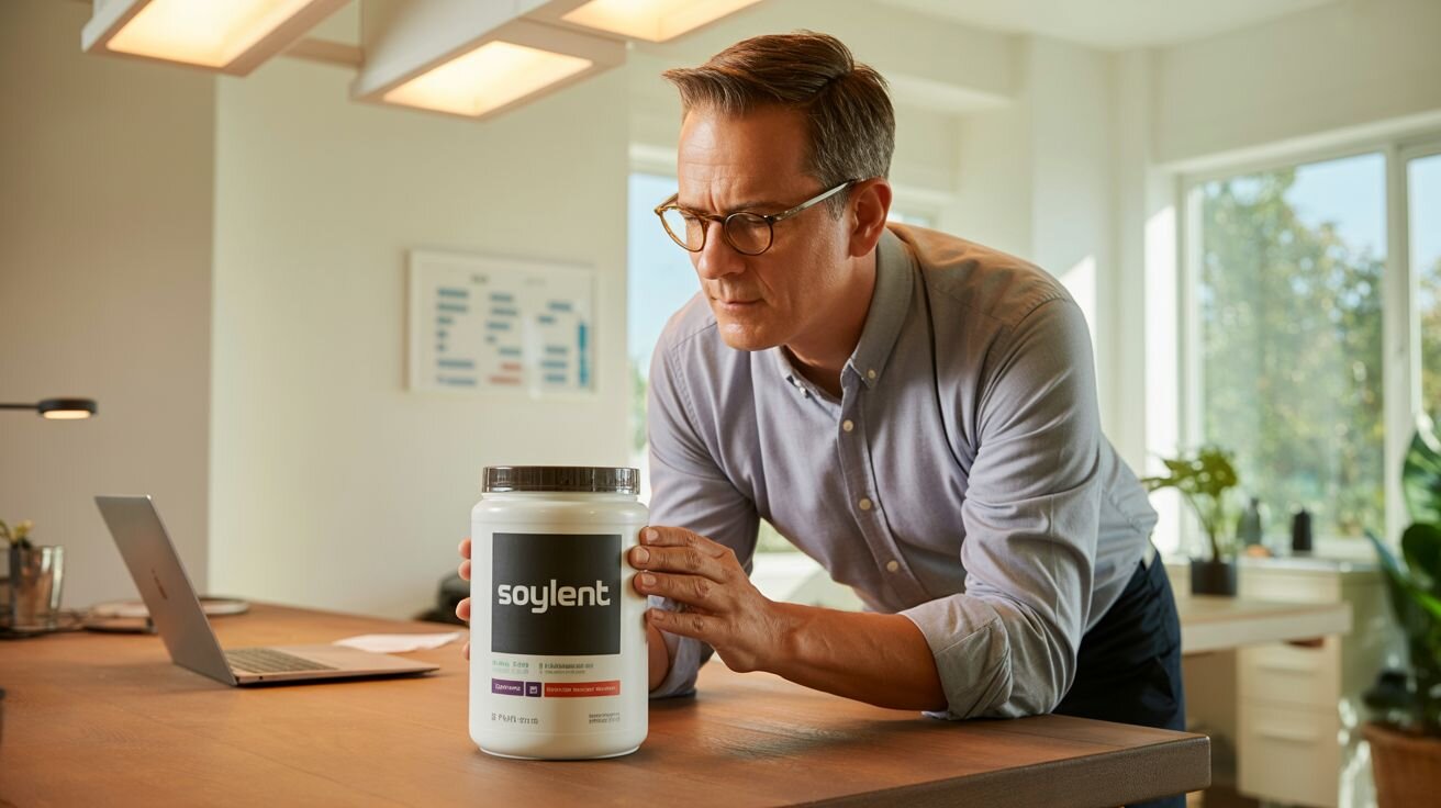 Man examining Soylent protein powder and comparing it with LyfeFuel for better performance, with a laptop and plants in the background.