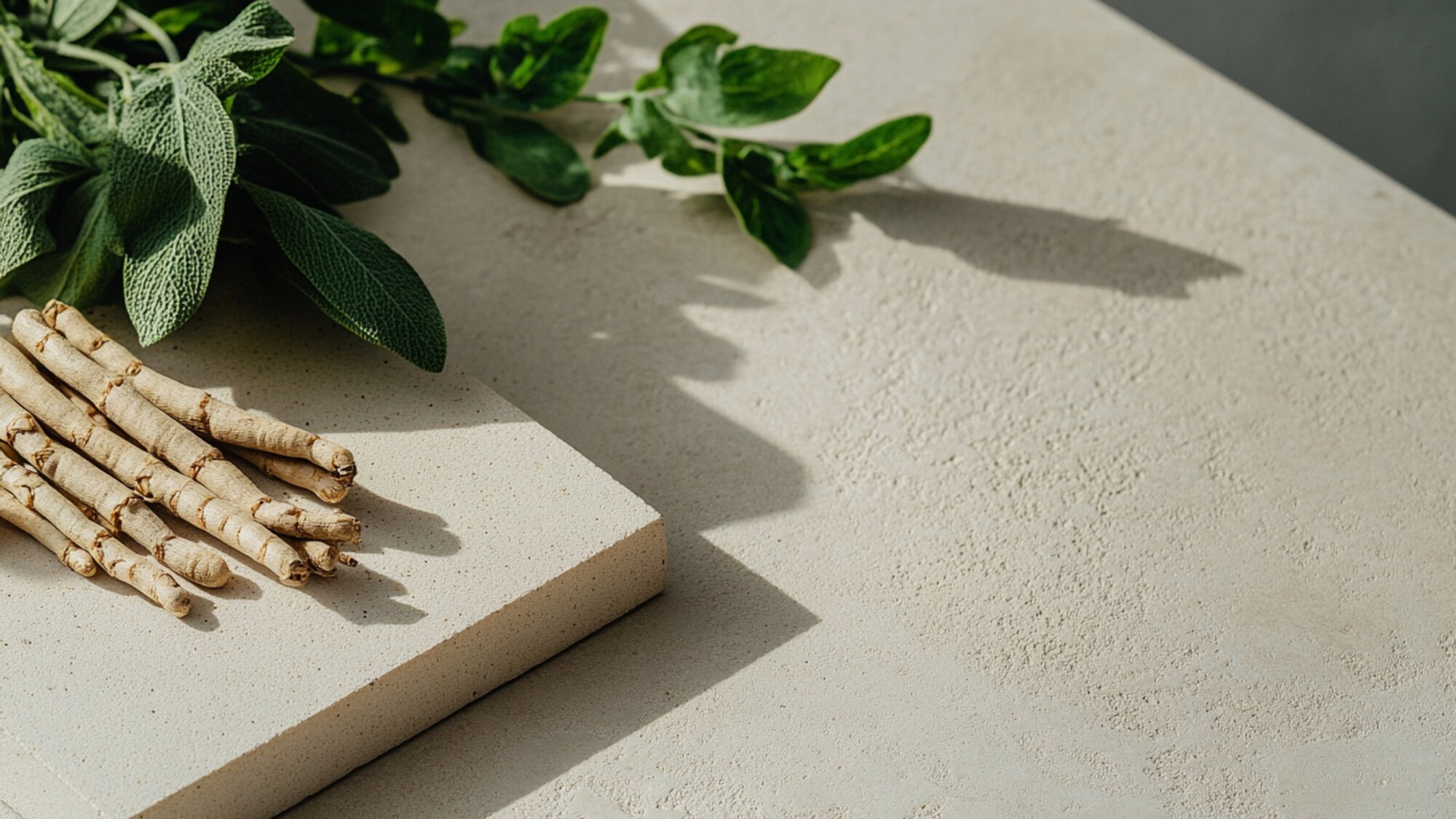 Ashwagandha roots and fresh herbs, comparing the benefits of Ashwagandha vs. Rhodiola for stress relief and energy support.