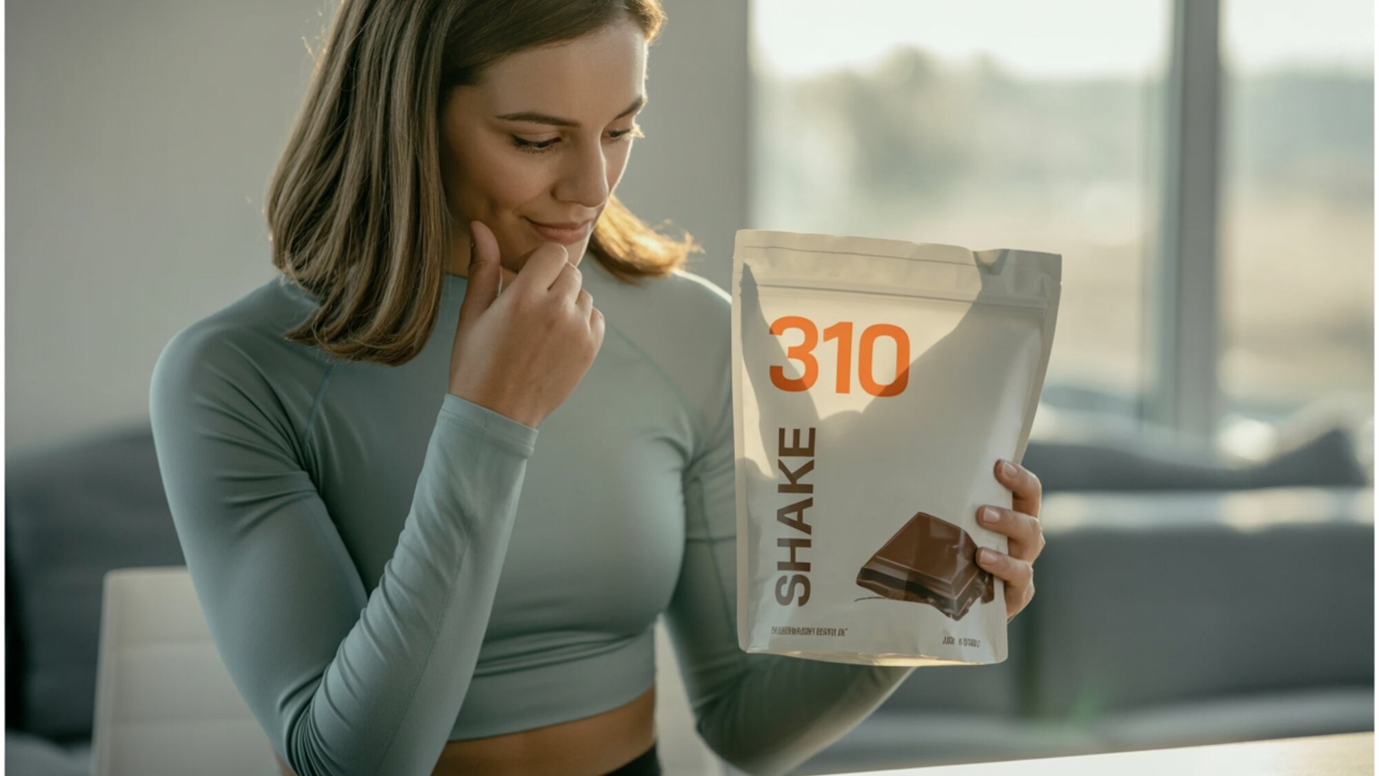 Woman evaluating 310 Nutrition shake as she considers switching to a cleaner alternative for better nutrition