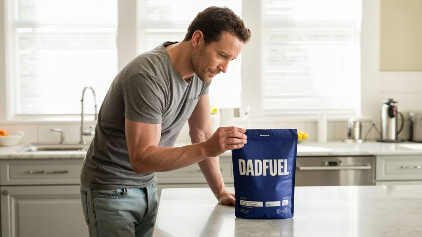 Man examining DadFuel protein shake in kitchen, comparing nutrition for the best DadFuel alternative for men and dads.
