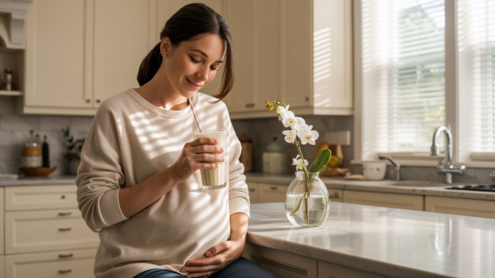 Pregnant woman enjoying a meal replacement shake in kitchen, safely incorporating meal replacement shakes while pregnant.