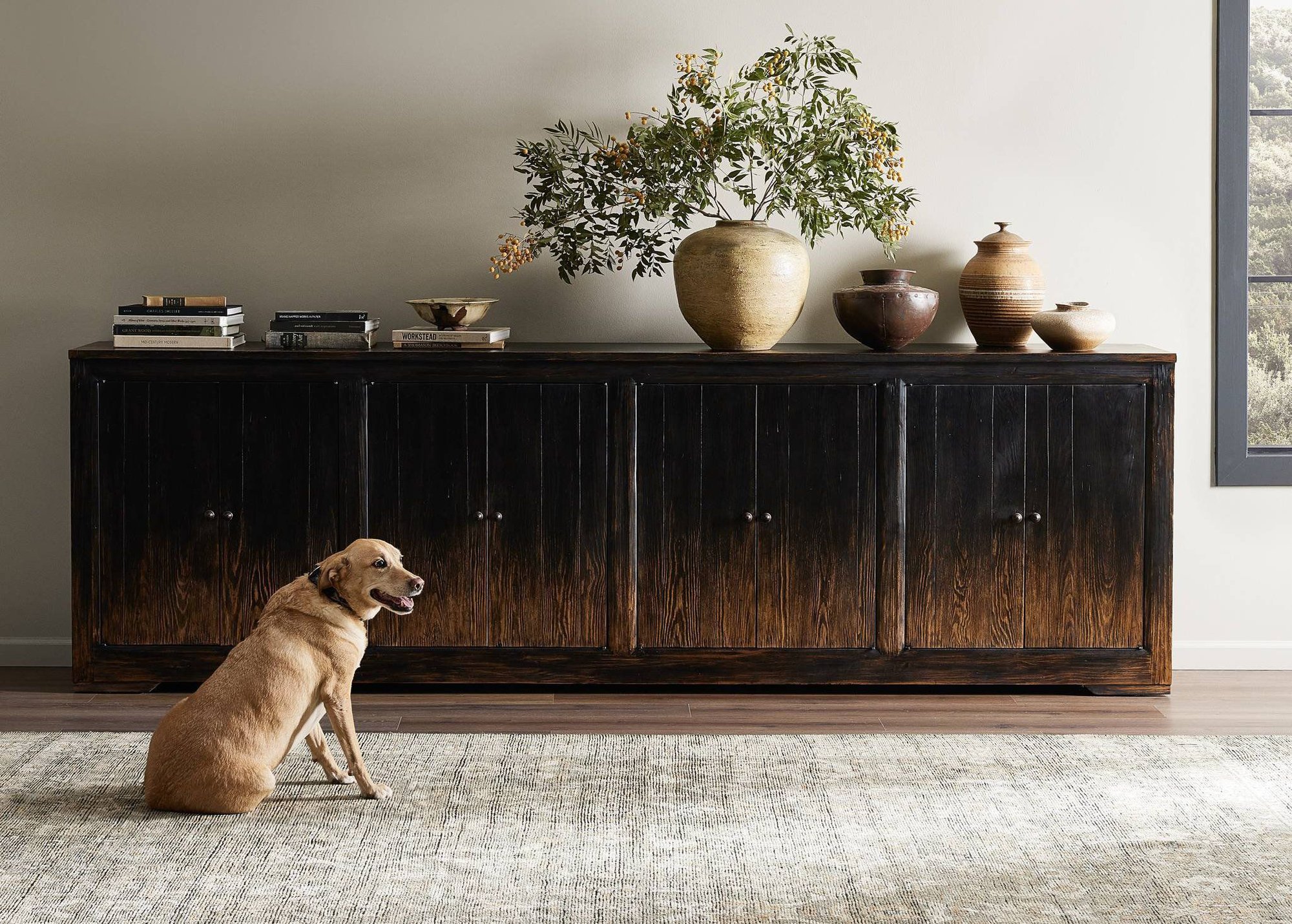 A dog sitting on a rug in front of a black sideboard with styled decor on top.