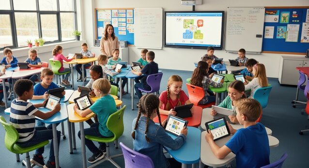 classroom of students with teacher using a smart board