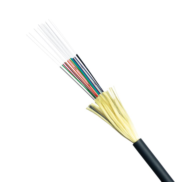 fiber optic distribution cable made for indoor and outdoor use with a black cable jacket