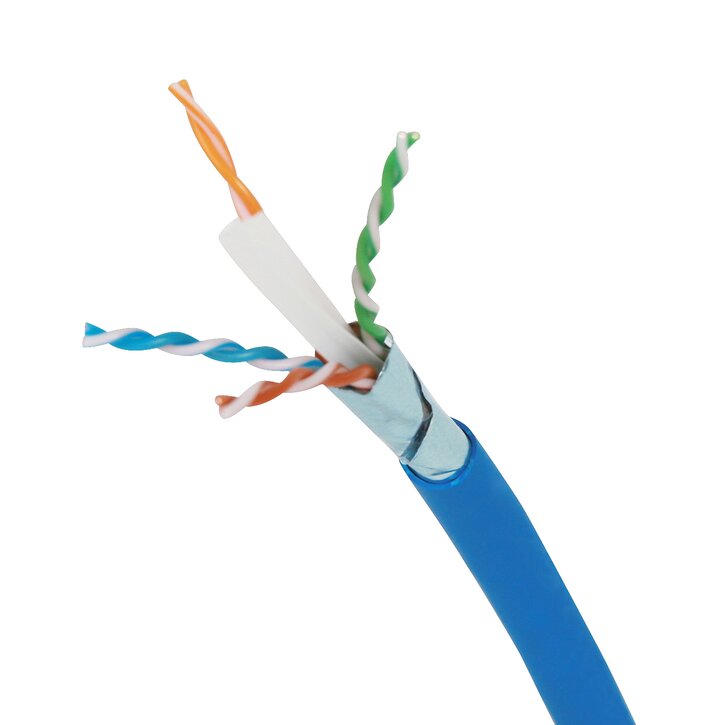 Category 6A unshielded twisted pair small diameter cable with a blue cable jacket