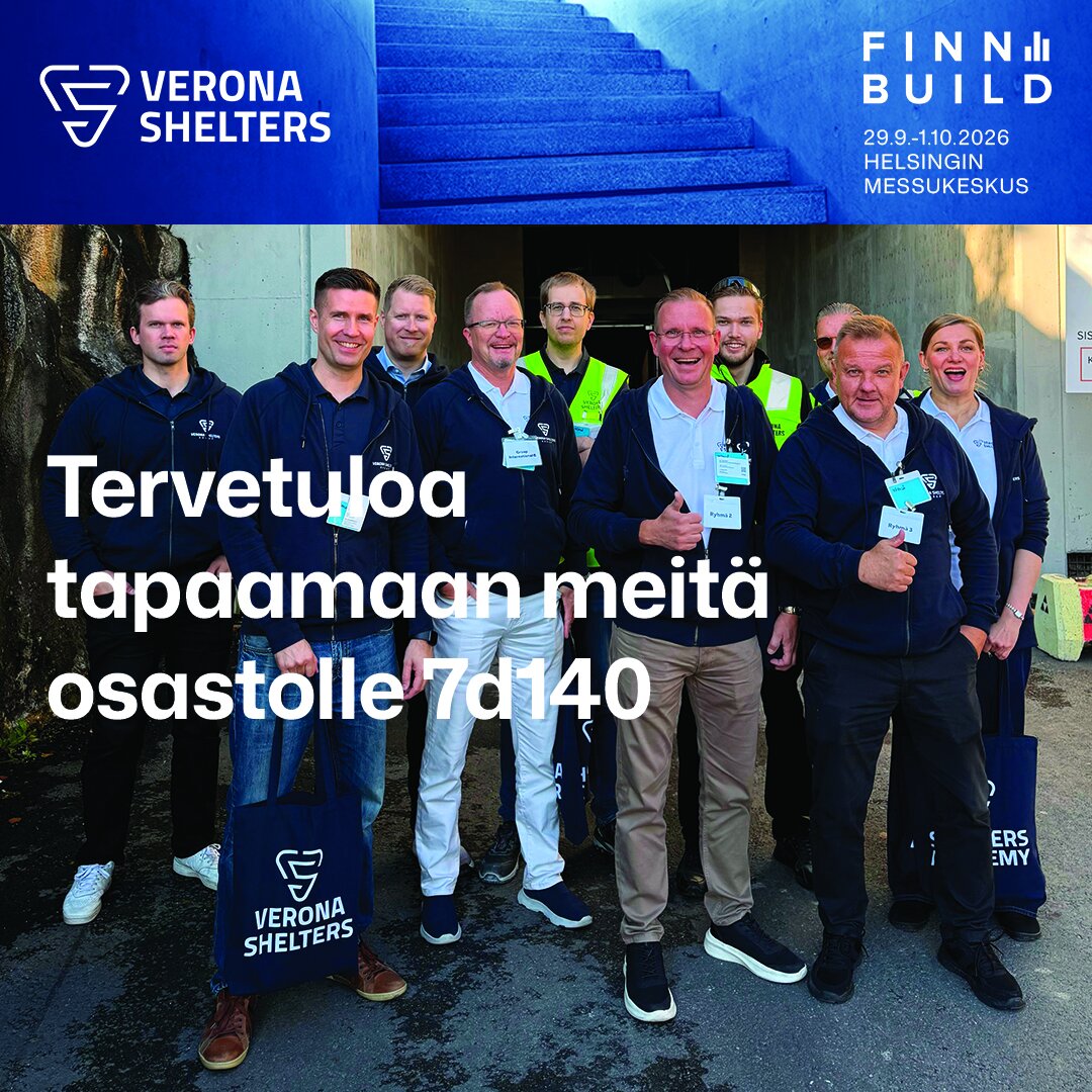 Verona Shelters on mukana FinnBuild 2026 -tapahtumassa Helsingin Messukeskuksessa. Löydät meidät osastolta 7d140