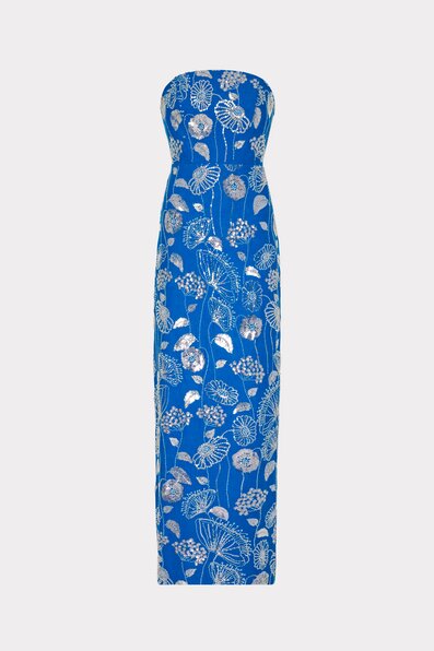 blue linen sequin strapless dress