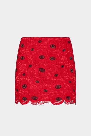 Red embroidered mini skirt